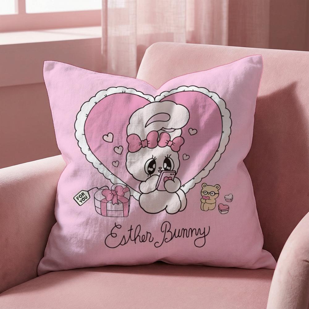 Cute E-Esther Bunny Pink Cushion Cover Multi-Scene Pillow Cover for Home & Car - Reversible, Soft & Durable for Daily Use