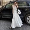 Elegant White Spaghetti Strap Summer Dress for Tall Women with Waist-Cinched Slimming Design and Flowing Mid-Length Hem