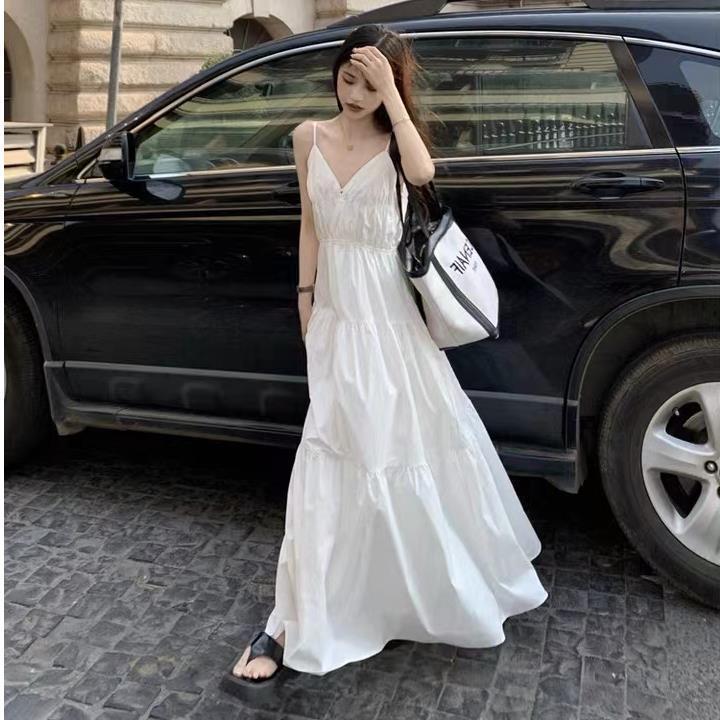 Elegant White Spaghetti Strap Summer Dress for Tall Women with Waist-Cinched Slimming Design and Flowing Mid-Length Hem