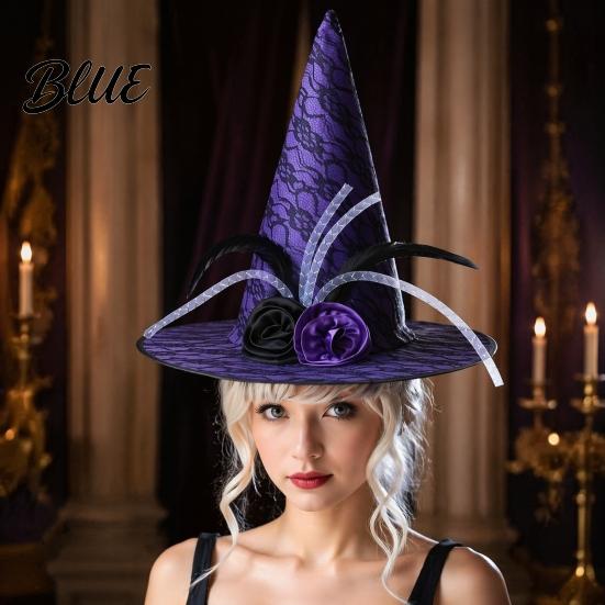 Mesh Witch Hat with Roses Halloween Star Hat Veil Rose Feather Cone Black Costume Headwear for Women Gothic Party Headwear Adult Cosplay Accessory