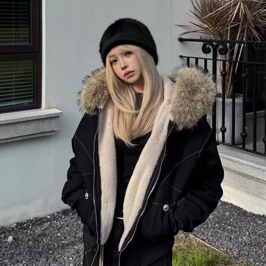 American Retro Thickened Jacket Winter Short Down Cotton Jacket Men and Women Hooded Jacket Warm Jacket Cotton Jacket