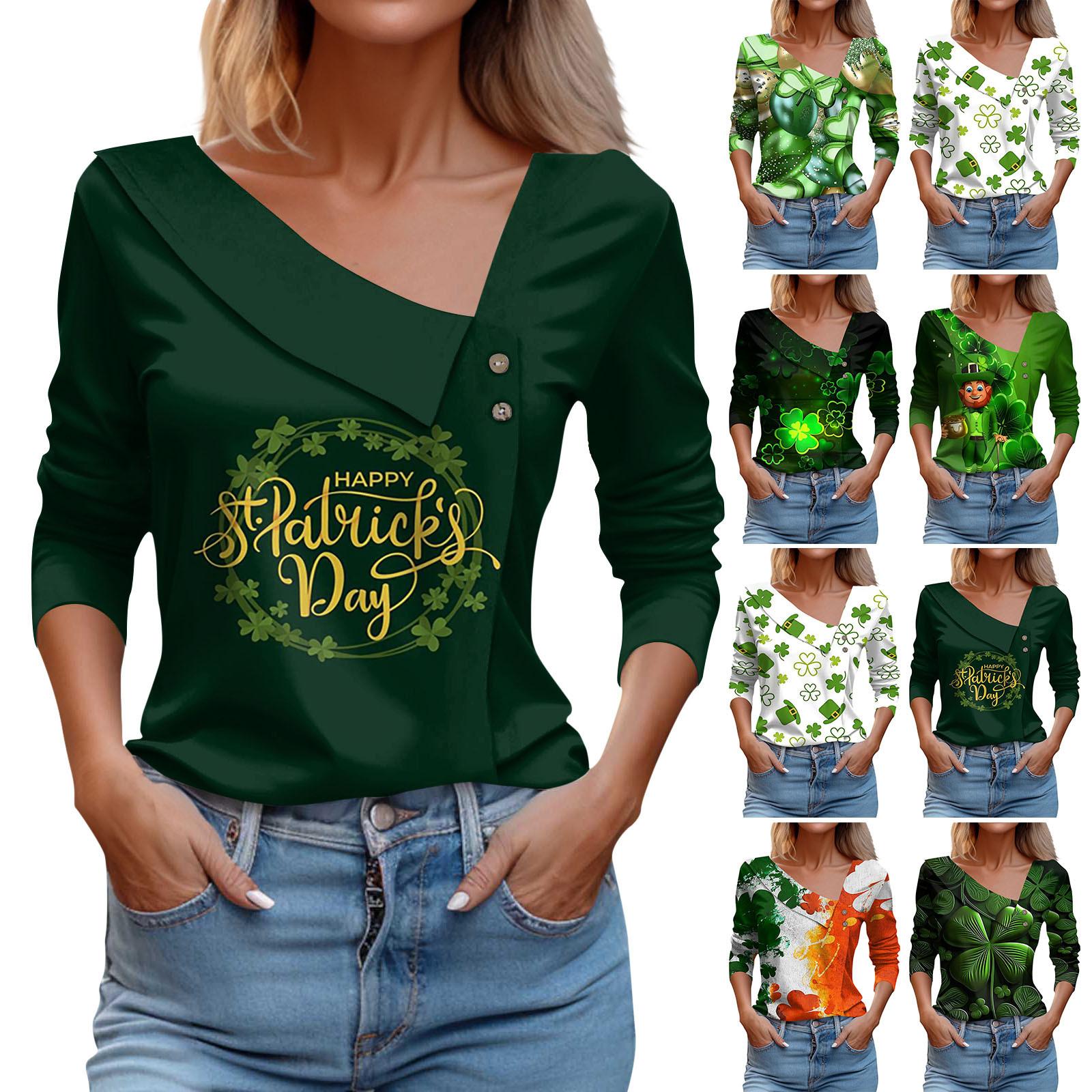 

Women s Casual Fashion St. Patrick s Day Print Long Sleeve Lapel V Neck Button Pullover Top