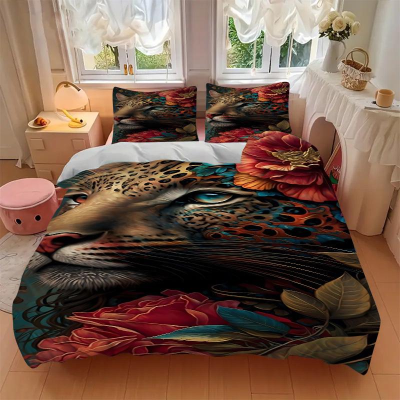 3pcs Leopard Floral Print Duvet Cover Set -Includes 1 Duvet Cover and 2 Pillowcases, No Quilt Core, All-Season Home Decor  Yy251111164