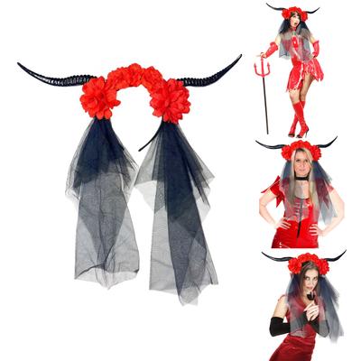 Teufelshorn-Blumenstirnband mit Schleier Cosplay-Kostüm Haarband Dunkle Serie Haarreif Tag der Toten Stirnband für Frauen