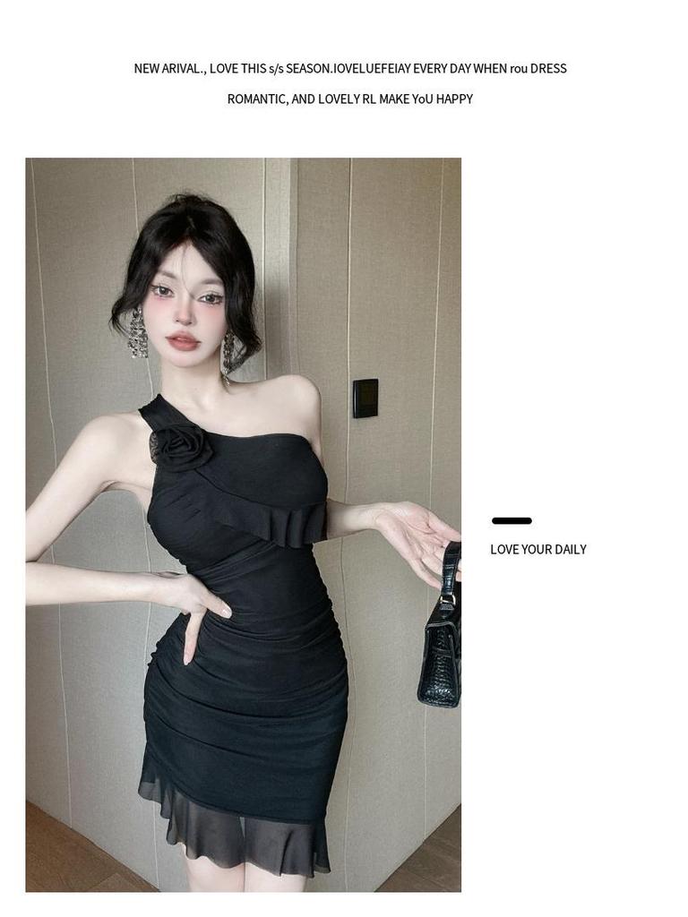 Sexy One-Shoulder Mesh Ruffled Slip Dress