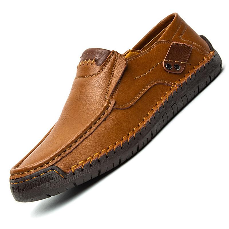 Men's Slip-on Casual Leather Shoes Hand-stitched Plus Size 36-50 Loafers Non-slip Soft Sole Flats for Walking Driving