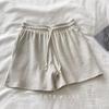 Women's Mid Rise Drawstring Shorts Loose Fit Sweatshorts Waffle Knit Solid Color Casual Wide Leg Three Quarter Summer Sports Shorts