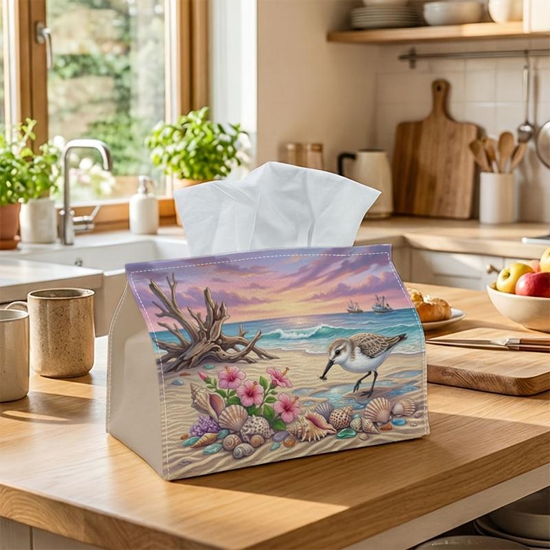 1pc Coastal Sandpiper Shells Tissue Box - Pastel Beach Nautical Decor Suitable for Rolls/Facial Tissues/Singles, Multi-Functional Napkin Holder for Ho
