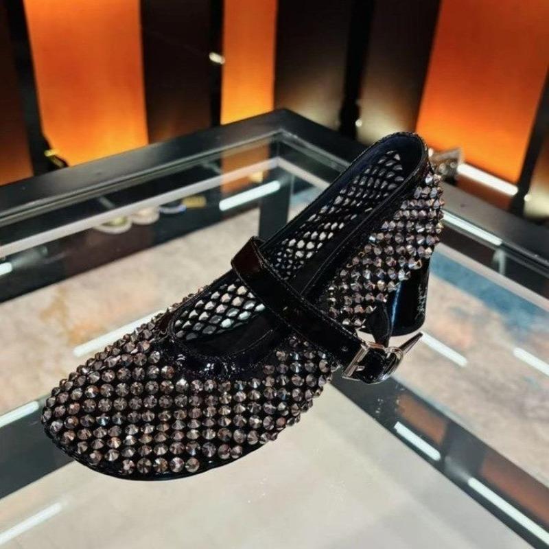 Fashion Summer New Rhinestone Mesh Heels Women's Square Toe Shallow Mouth Cutout Breathable Non-Slip Mary Jane Single