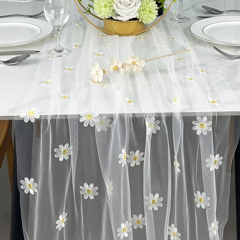 

White Sheer Embroidered Table Runner with Single Daisy Floral Rectangular Dining Decor for Birthday, Wedding Party Settings 30x180cm