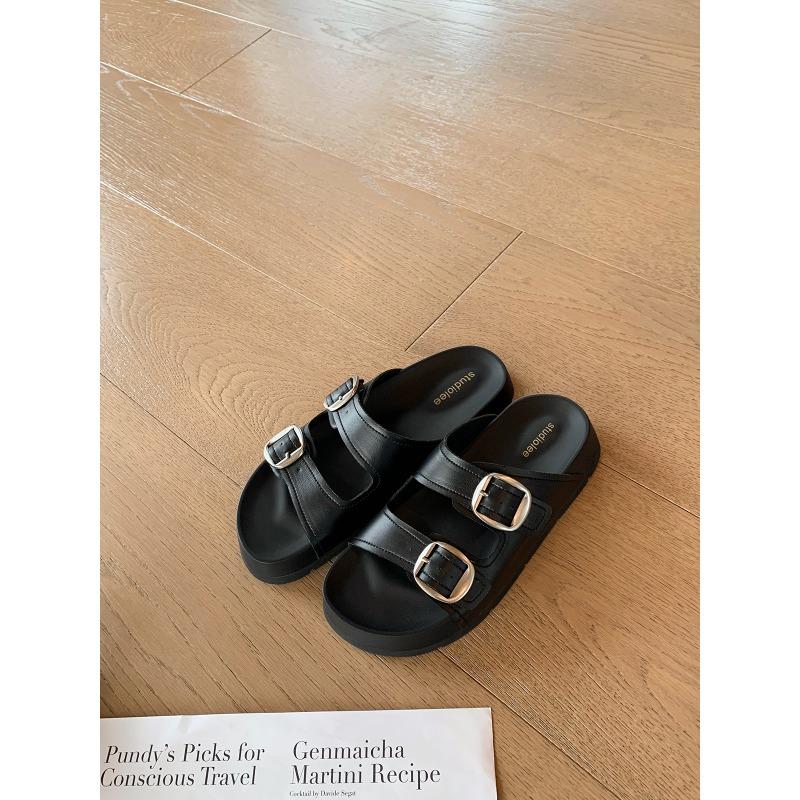 Sheepskin version~ Height increase 3.5cm~ Lazy round head double buckle with beach wear cool slippers