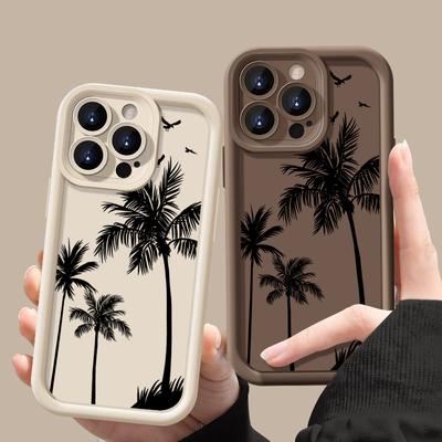 Coconut Tree Print Matte Anti-Fall Phone Case For iPhone 16 Pro Max 15 Pro 14 13 12 11 Shockproof Lens Protection Soft TPU Bumper Cover