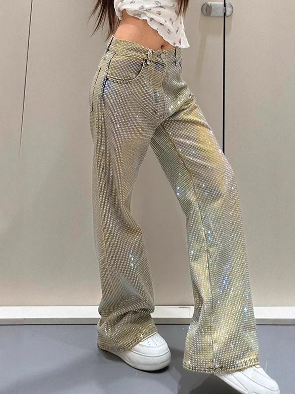 Women's Spring & Autumn Spicy Diamond Star Jeans - Unique Straight-Leg Design