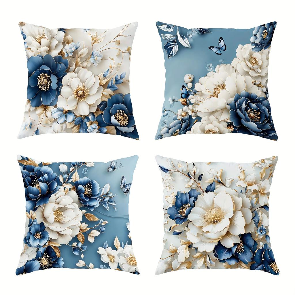 Blue and White Gilded Floral Pattern Home Decor Pillowcase Living Room Sofa Polyester Cushion Cover with Zipper