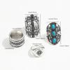 4PCS Vintage Silver Color Carved Turquoise Gothic Ring Set Punk Hip Hop Boho Ring Grunge Women Men Jewelry Accessories