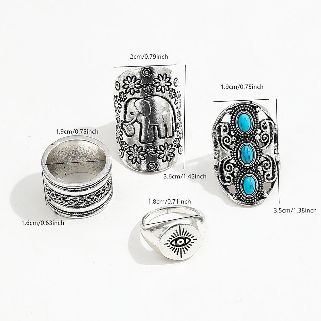 4PCS Vintage Silver Color Carved Turquoise Gothic Ring Set Punk Hip Hop Boho Ring Grunge Women Men Jewelry Accessories