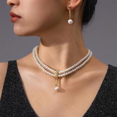 New Fashionable Bridal Zircon Set Elegant Handmade Imitation Pearl Beaded Necklace And Earrings For Women Wedding Accessories
