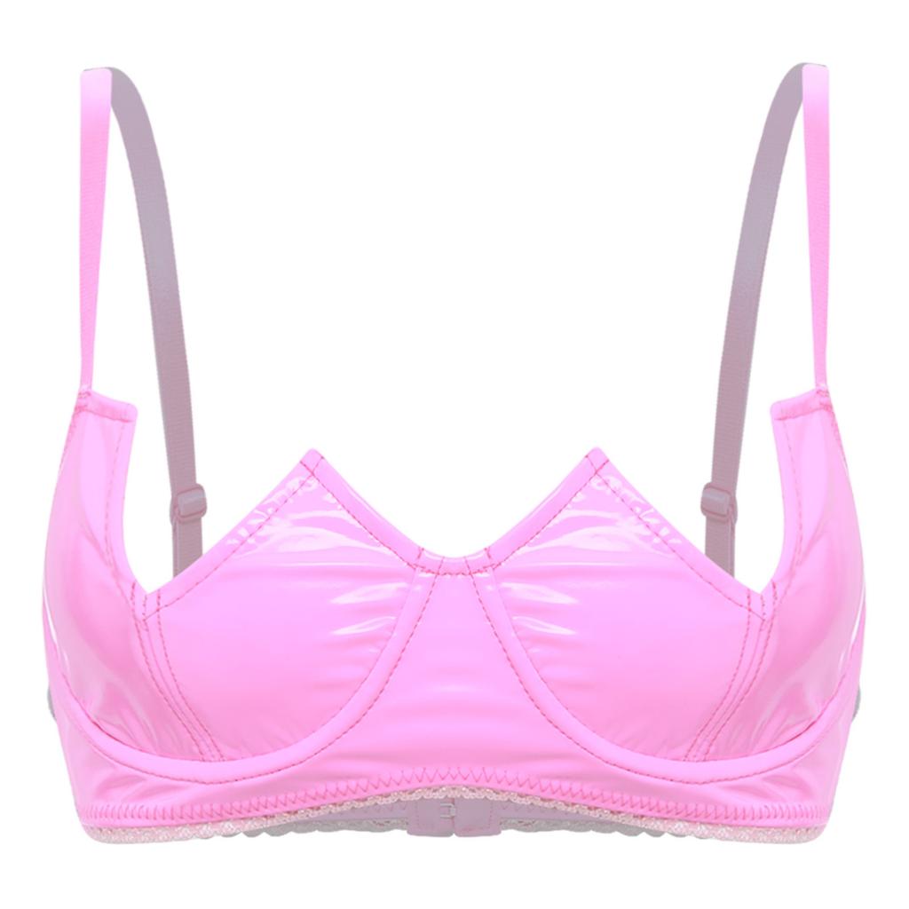 Womens V Notch Underwired Bra Wet Look Patent Leather Adjustable Spaghetti Strap Brassiere Top
