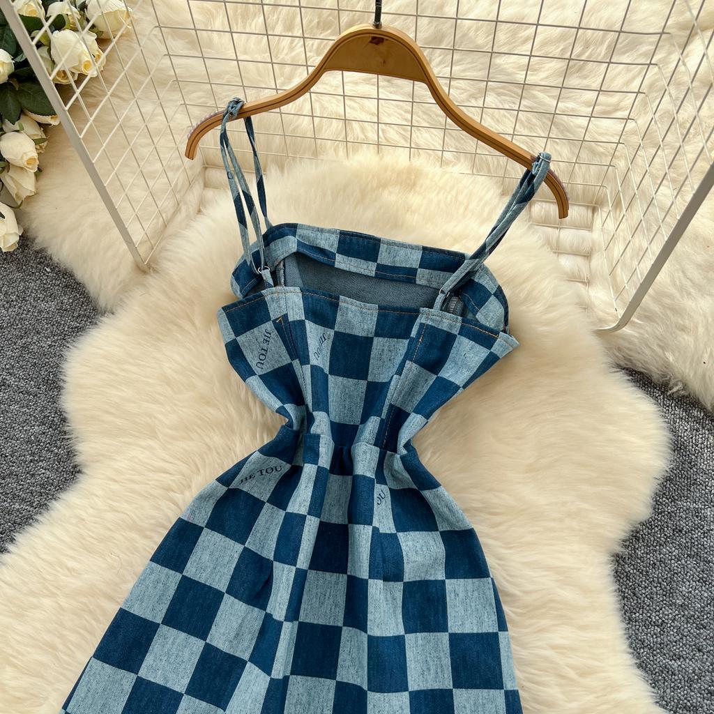 Summer Women Vintage Spaghetti Strap Designer Plaid Denim Party Mini Short Dresses