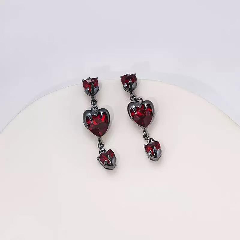 Sweet temperament red rhinestone love dark earrings women's light luxury niche high-end stud earrings autumn and winter new earrings
