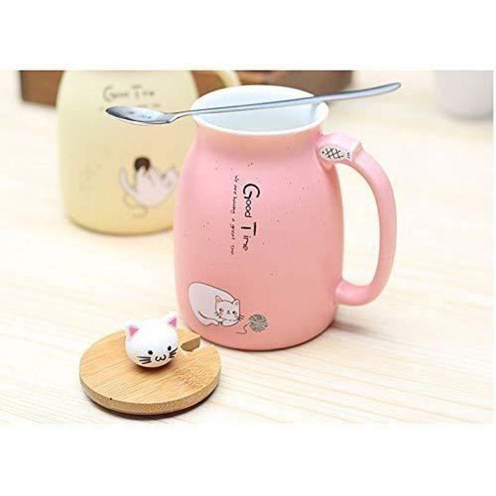 Tasse à café - mengcat - lovely kitty - céramique - couvercle en bois - cuillère en acier inoxydable