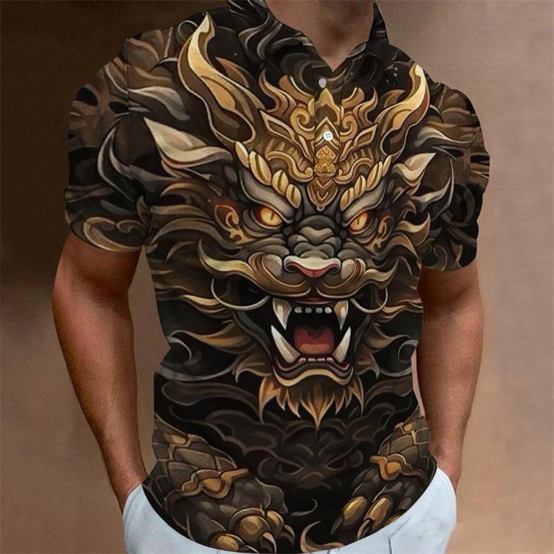 Dragon Pattern Polo Shirt for Men Animal 3D Printed T-Shirts Outdoor Fashion Casual Loose Oversized Street Lapel Top Button Tees