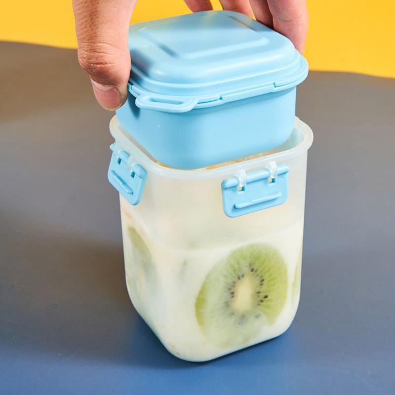 Portable Bilayer Salad Cup Breakfast Plastic Cup With Spoon Detachable Ice Box Seal Preservation For Storing Milk Fruits Oatmeal