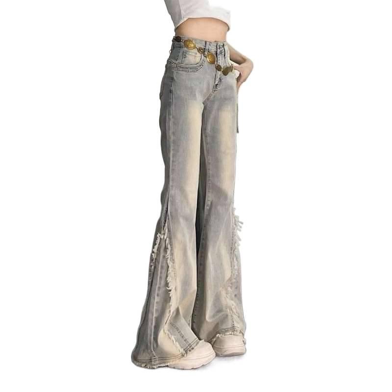 Retro Frayed Patchwork High-Waisted Flare Jeans - Slimming Flared Floor-Length Design