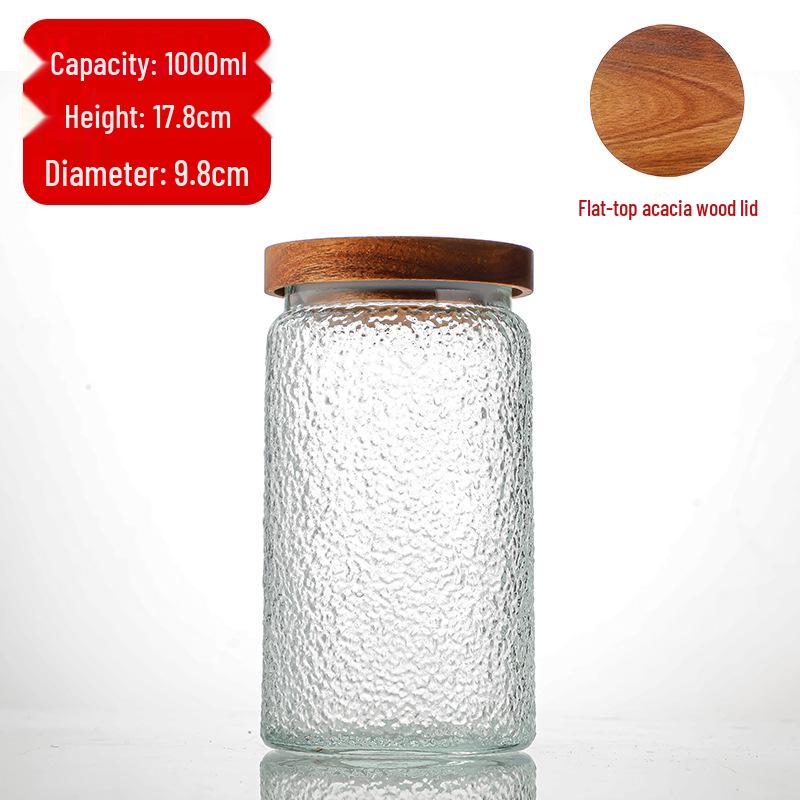 Cylindrical Embossed Glass Storage Jar with Wooden Lid for Dried Fruits and Grains