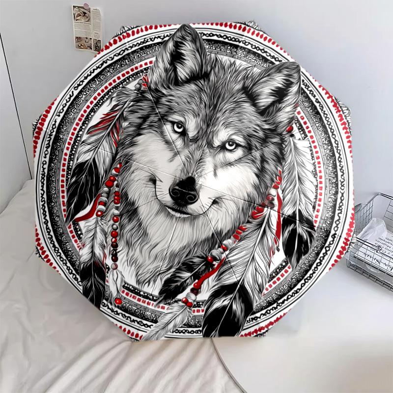Indian - Style Wolf Pattern, Automatic Folding Umbrella, Portable and Foldable Design, 8 Ribs, a Christmas or Birthday Gift.