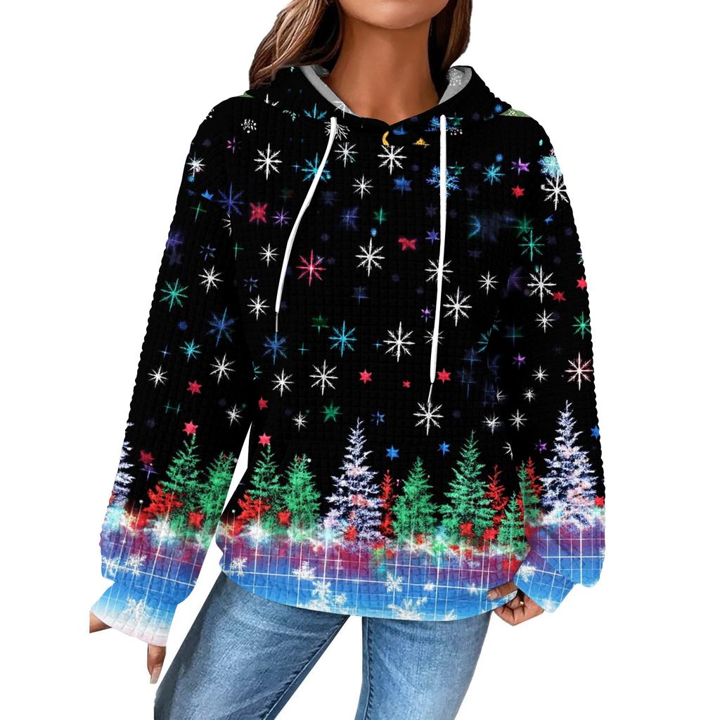 Women's Fashion Loose Hooded Pullover Long Sleeve Plaid Sweatshirt With Drawstring, Drop Shoulder, Pocket, Christmas Print Top