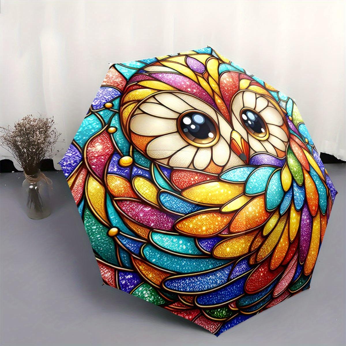 

Automatic Folding Umbrella Colorful Mosaic Owl - Portable Collapsible Design, 8-Rib Construction, Durable Iron & Plastic, Vibr