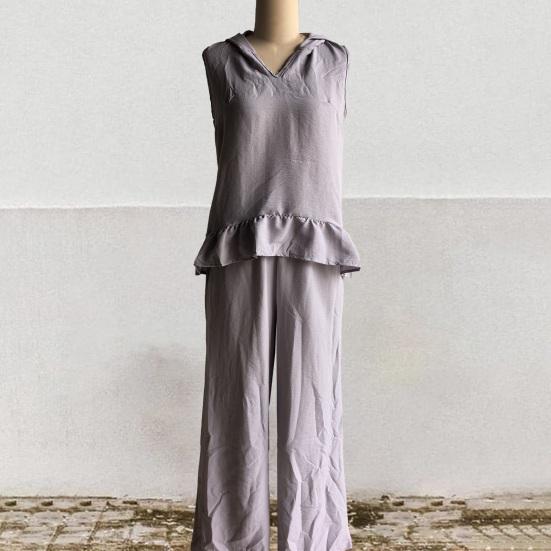 2 Piece Sets for Women Hooded Sleeveless Pullover Top And Long Pants Set Summer Casual Ruffle Lounge Outfits