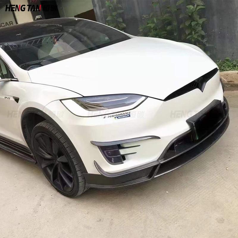 Compatible with Tesla Model X RZ: Carbon Fiber Front Lip & Bumper Diffuser Spoiler Kit.