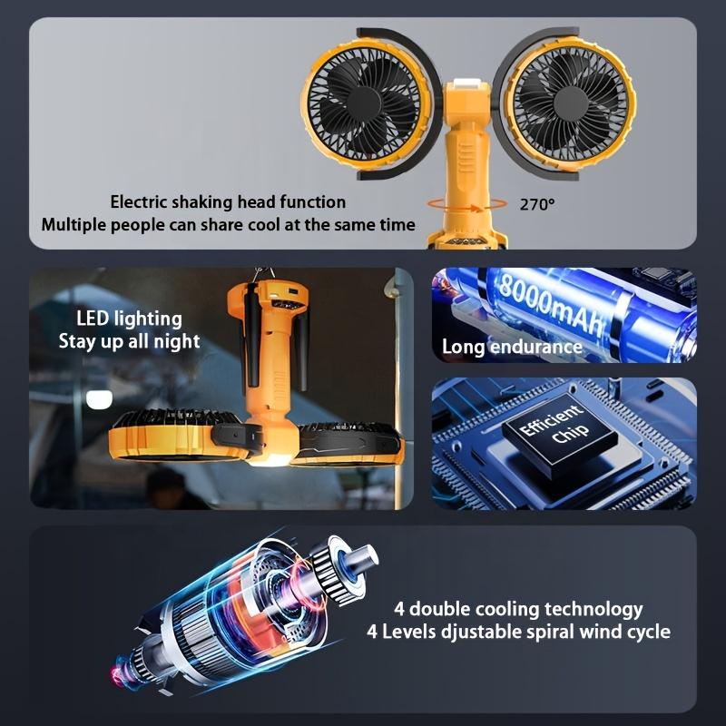 Dual Head Oscillating Outdoor Fan with Built-In Power Bank, Adjustable Speeds Brightness,360° Rotation,Hangable Design for Camping,Picnics,Camping Fan