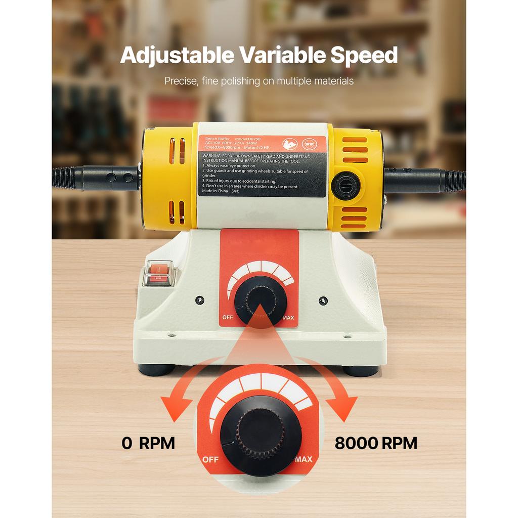 SucceBuy Bench Buffer Polisher 1/2HP 0 to 8000RPM with 4"Cloth Wheel 3"Grinding Wheel 3"Fiber Wheel for Metal Jewelry Plastic