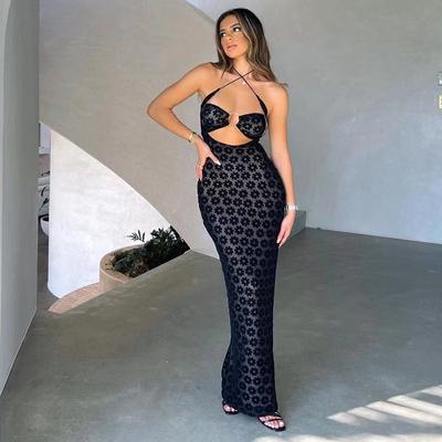 Women's Summer Hanging Neck Sexy Hollow Out See Through Slim Hip Dresses