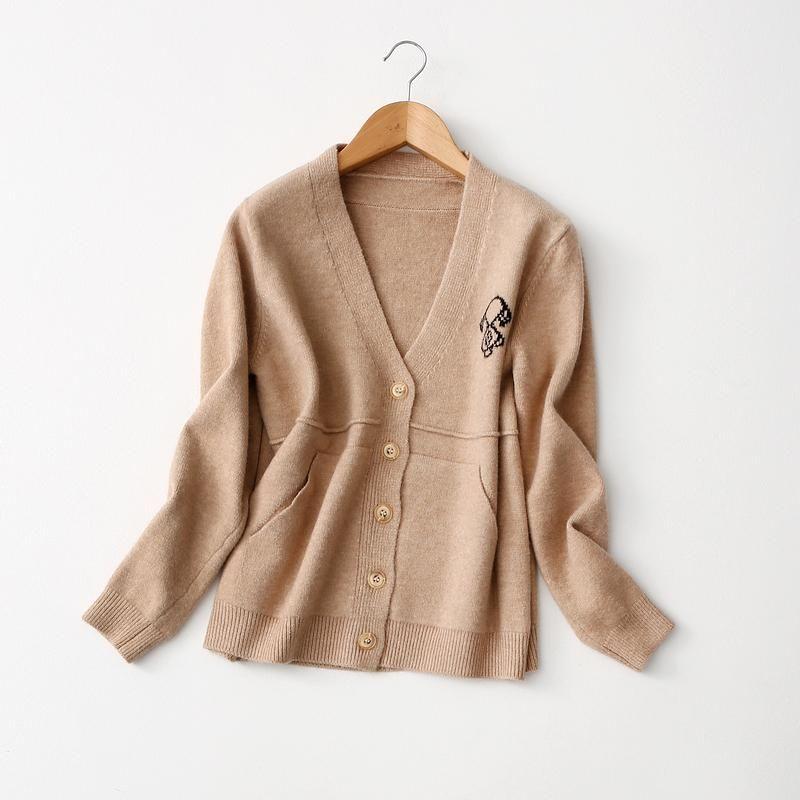 Cabinet Single Soft Glutinous Delicate Cartoon Pattern Loose V-neck Pocket Knitting Cardigan Female Fall and Winter Thickened Sweater Coat