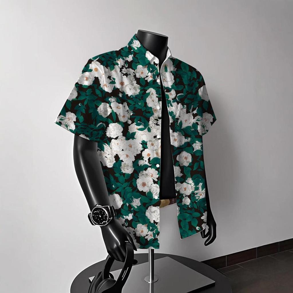 Men's Vintage Hong Kong-Style Hawaiian Floral Short-Sleeve Shirt: Trendy Summer Beachwear for Couples