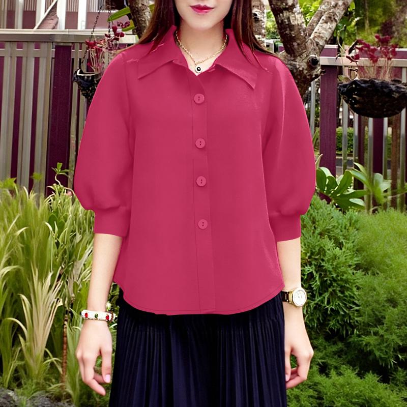 

ZANZEA Women Casual Turn Down Collar Solid Color 3/4 Sleeve Button Blouse S темно-розовый