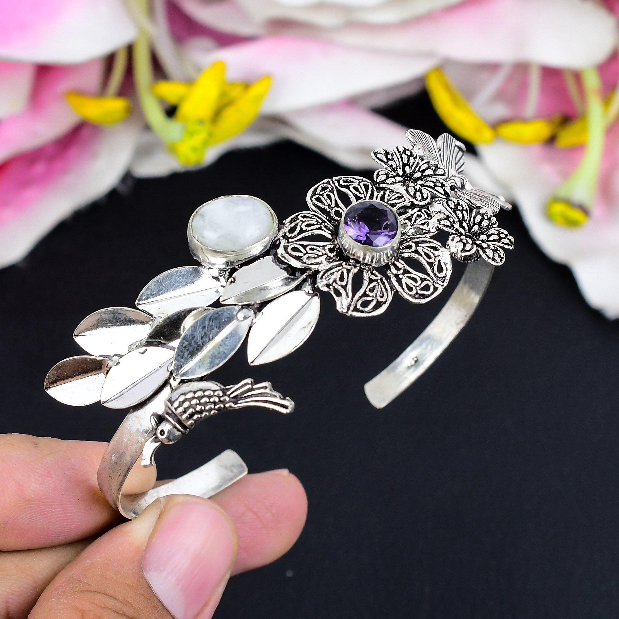 

Moonstone, Amethyst Gemstone 925 Sterling Silver Cuff Bangle Adjustable KG-1879