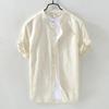 Men's Summer Casual Cotton-Linen Short Sleeve Stand Collar Shirt - Dark Blue Retro Chinese Style