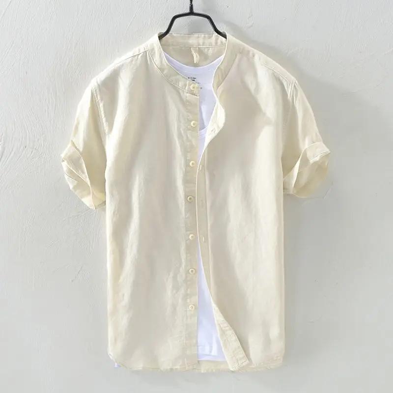 Men's Summer Casual Cotton-Linen Short Sleeve Stand Collar Shirt - Dark Blue Retro Chinese Style