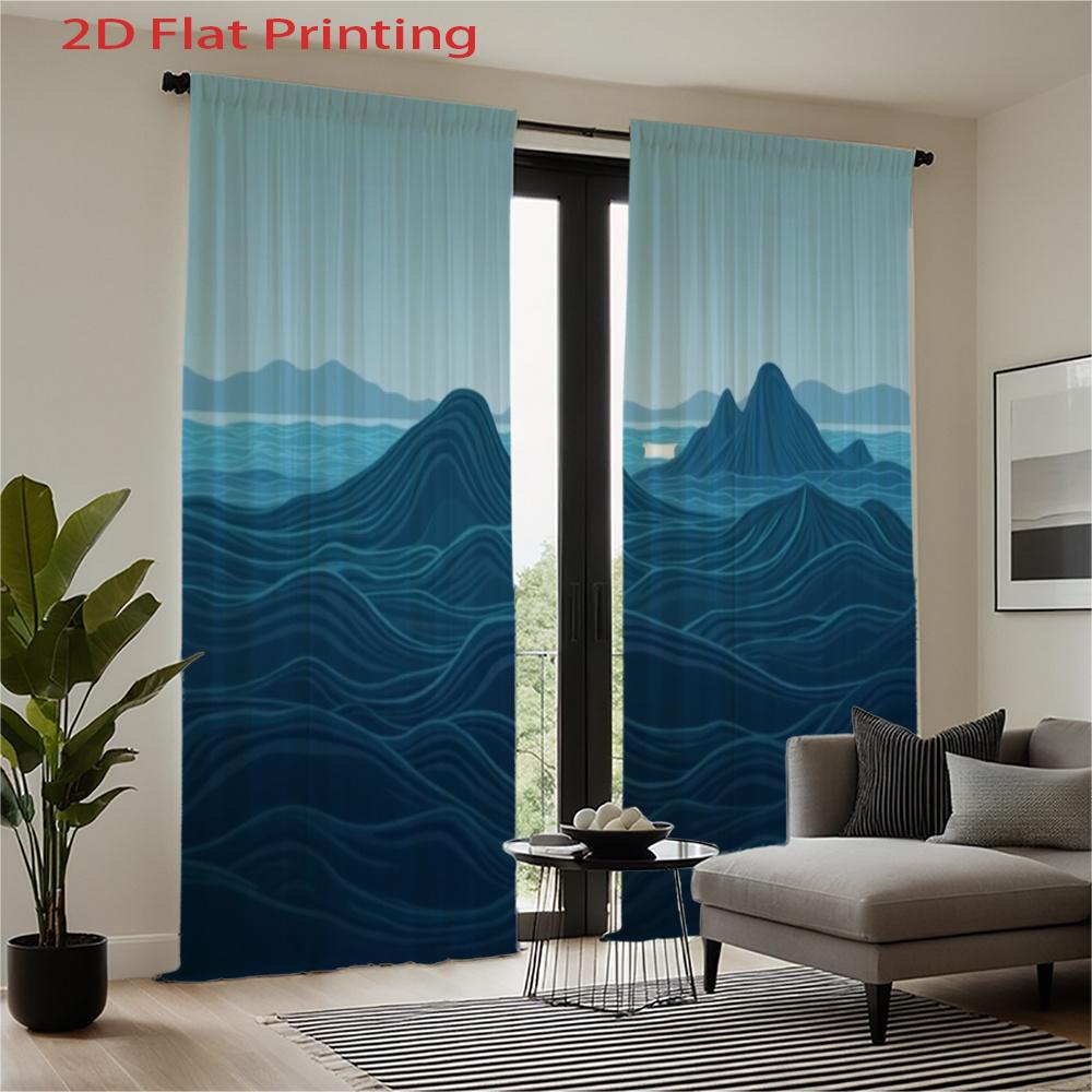 Set Of 2 Flat Printing Curtains Blue Ocean Wave Pattern Dark Sea Waves Theme Polyester Fabric Semi Curtain Light Filtering Made