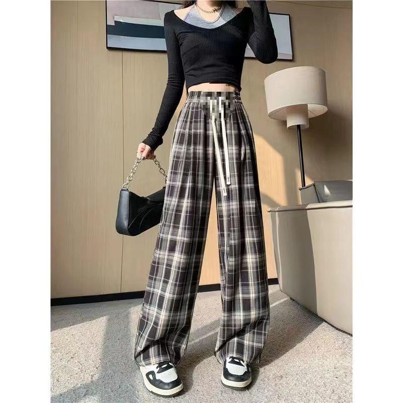 Unisex High Waist Retro Plaid Wide-Leg Pants - Casual Spring/Summer Lightweight Lace-up Black Pants
