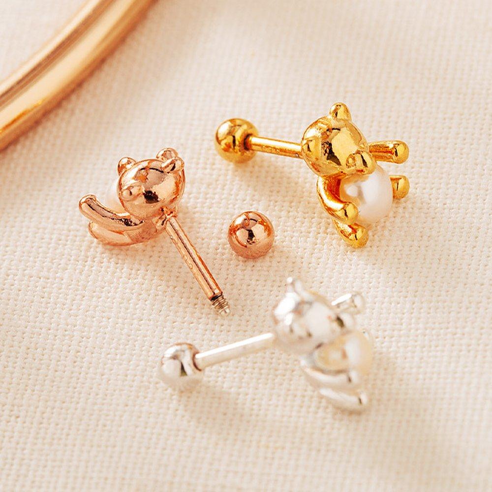 [925 Silver] Hug Pearl Bear Piercing (21Ps013)