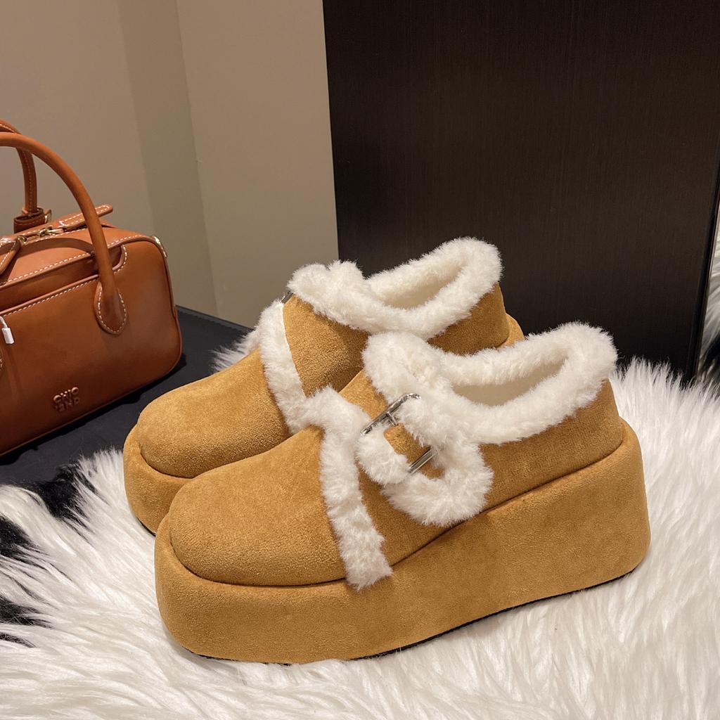 Casual wind boken shoes snow boots 2025 autumn and winter wear matte leather thick-soled velvet cotton shoes fluffy shoes women