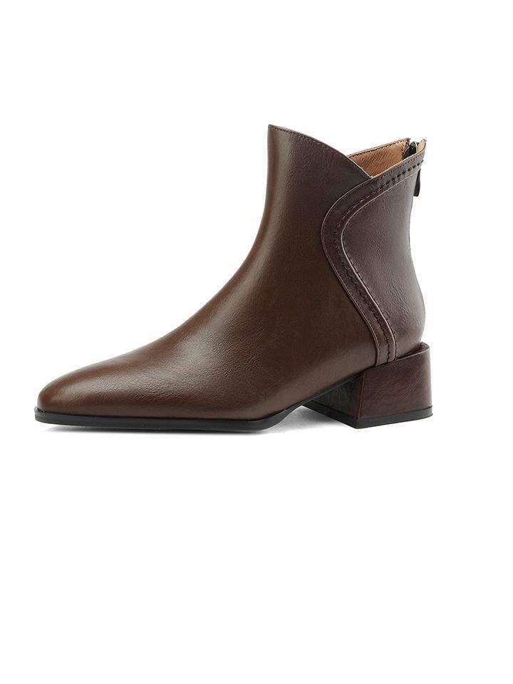 Retro Brown Chelsea Boots Pointed Short Boots Women's Spring and Autumn Single Boots Thick Heel Skinny Boots Middle Heel Martin Boots and Ankle Boots