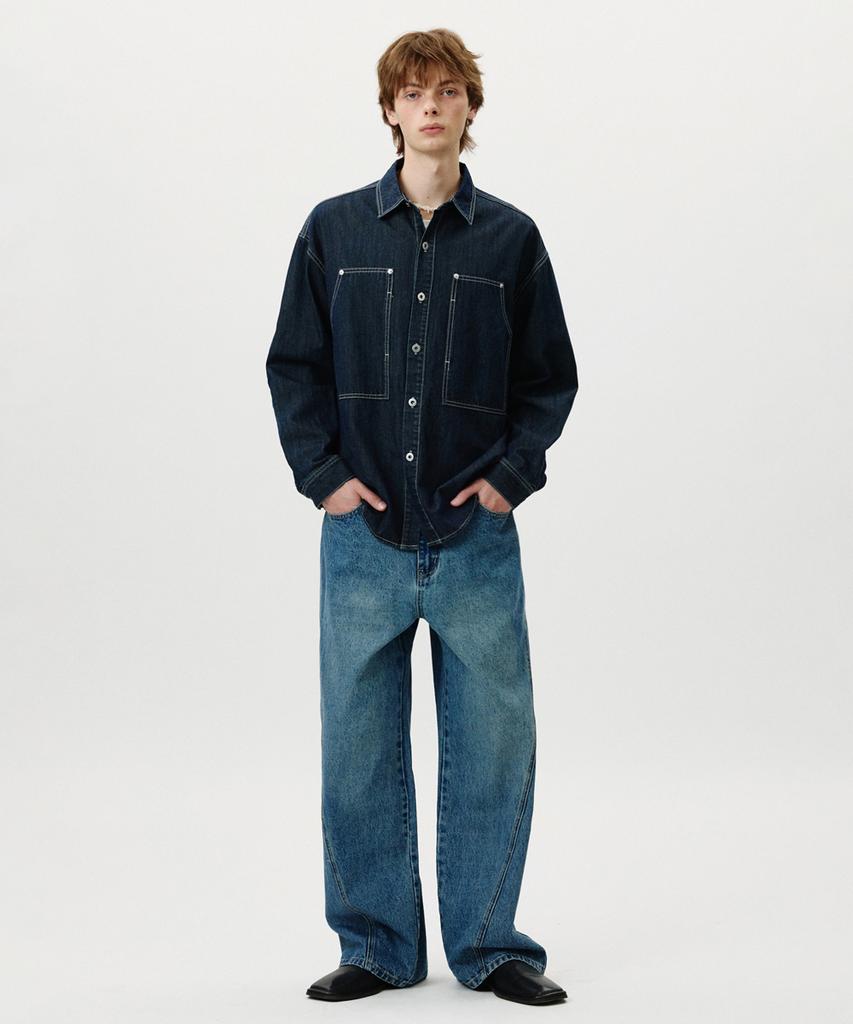Nopeimeoseu Carpenter Pocket Denim Shirts (Blue)