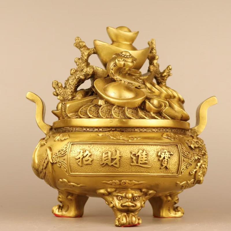 Brass Double-Eared Ruyi Treasure Bowl Copperware Home Incense Burner Shop Decoration Ornament Long18cm.Caliber12.5